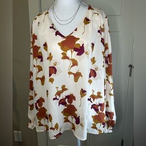Ann Taylor Factory Floral Blouse Size Large Cream, Rust, Mustard Large V-Neck